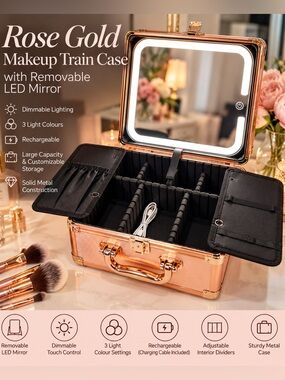 Rose Gold Metal Makeup Train Case Rechargeable LED Mirror